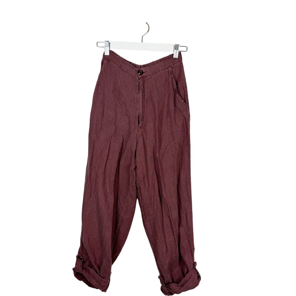 FLAX Mauve Linen High Rise Trousers Button Cuffed Hem Pockets Back Elastic Sz S